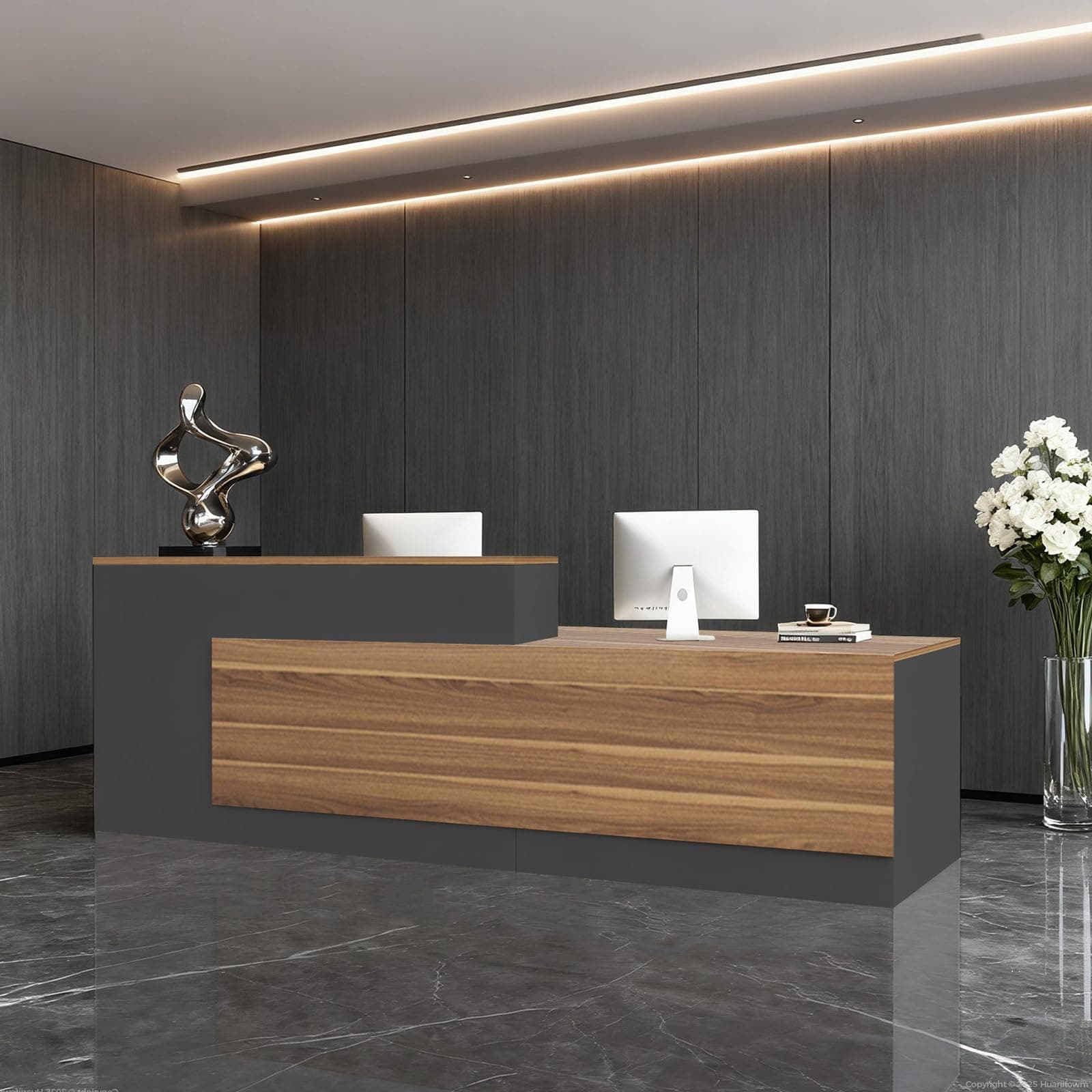 Modern L-Shaped Reception Desk with Hutch, Reception Counter Table, Lockable Drawer Door Cabinet, Office Wooden Computer Front Desk (European Oak+lron Gray-Left Cabinet, 79" L*24" W*41" H)