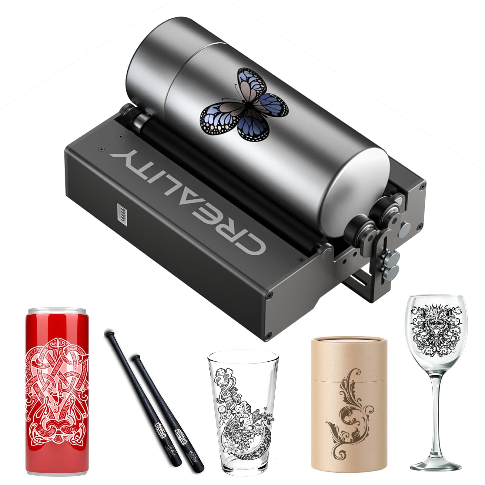 Laser Rotary Roller, Creality 360° Laser Engraving Machine Y-Axis Rotary Module for engraving curved objects, cylindrical & conical shapes from 5mm to 120mm diameter, cups, bottles, pens, cans, etc