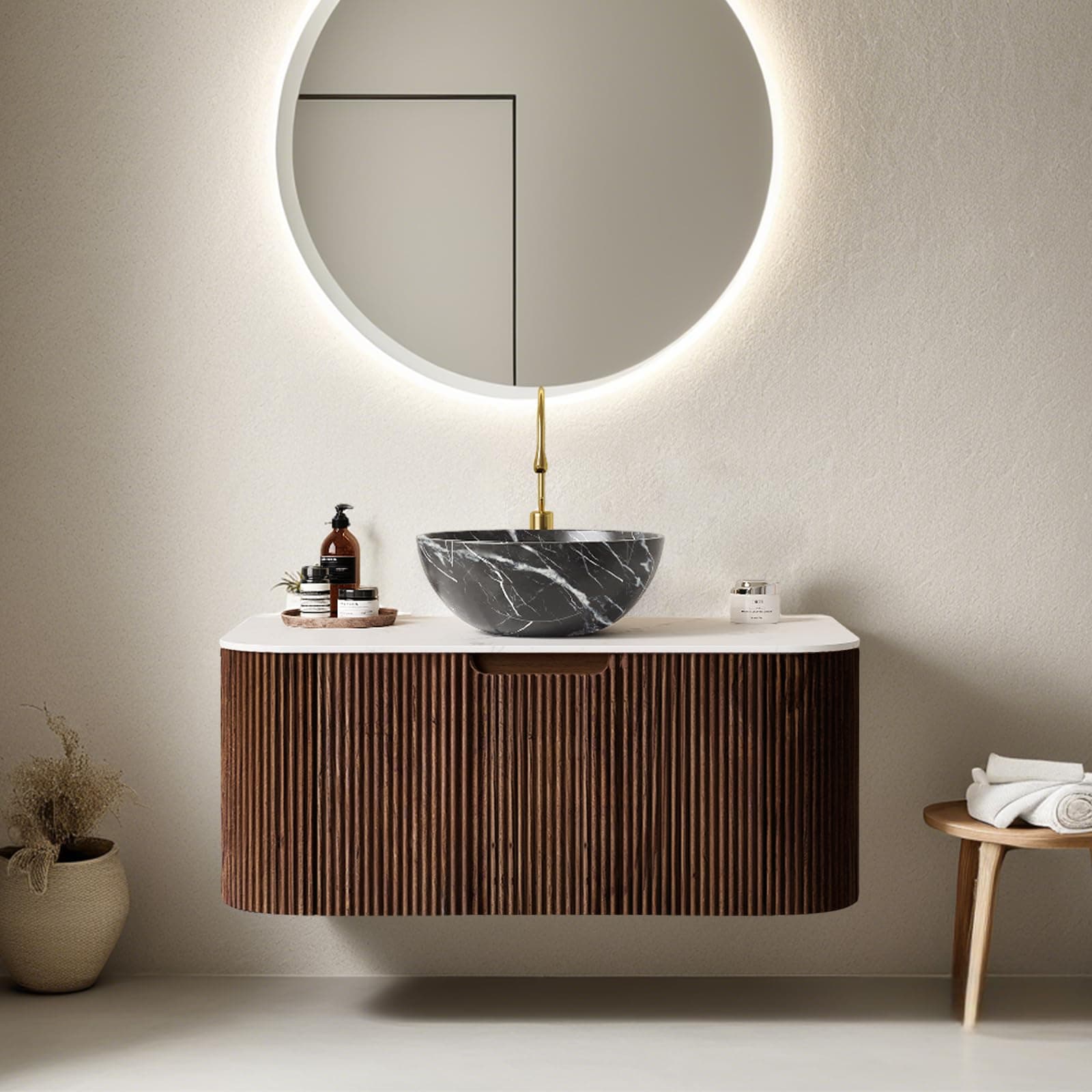 36" Floating Bathroom Vanity with Sink, Wall Mounted Modern Bathroom Cabinet with Ultra-Thin Ceramic Black Basin and Marble Top, Large Storage Drawer, Soft-Close Design, Dark Walnut