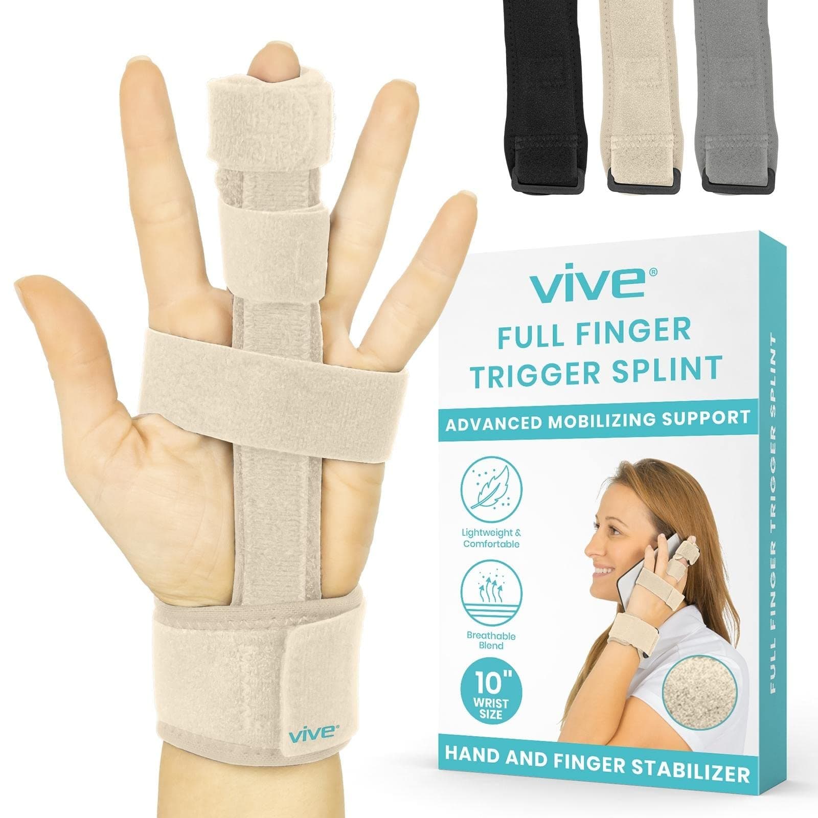 Vive Trigger Finger Splint - Full Hand and Wrist Brace Support - Adjustable Locking Straightener - Straightening Immobilizer Treatment For Sprains, Mallet Injury, Arthritis, Tendonitis (Beige)