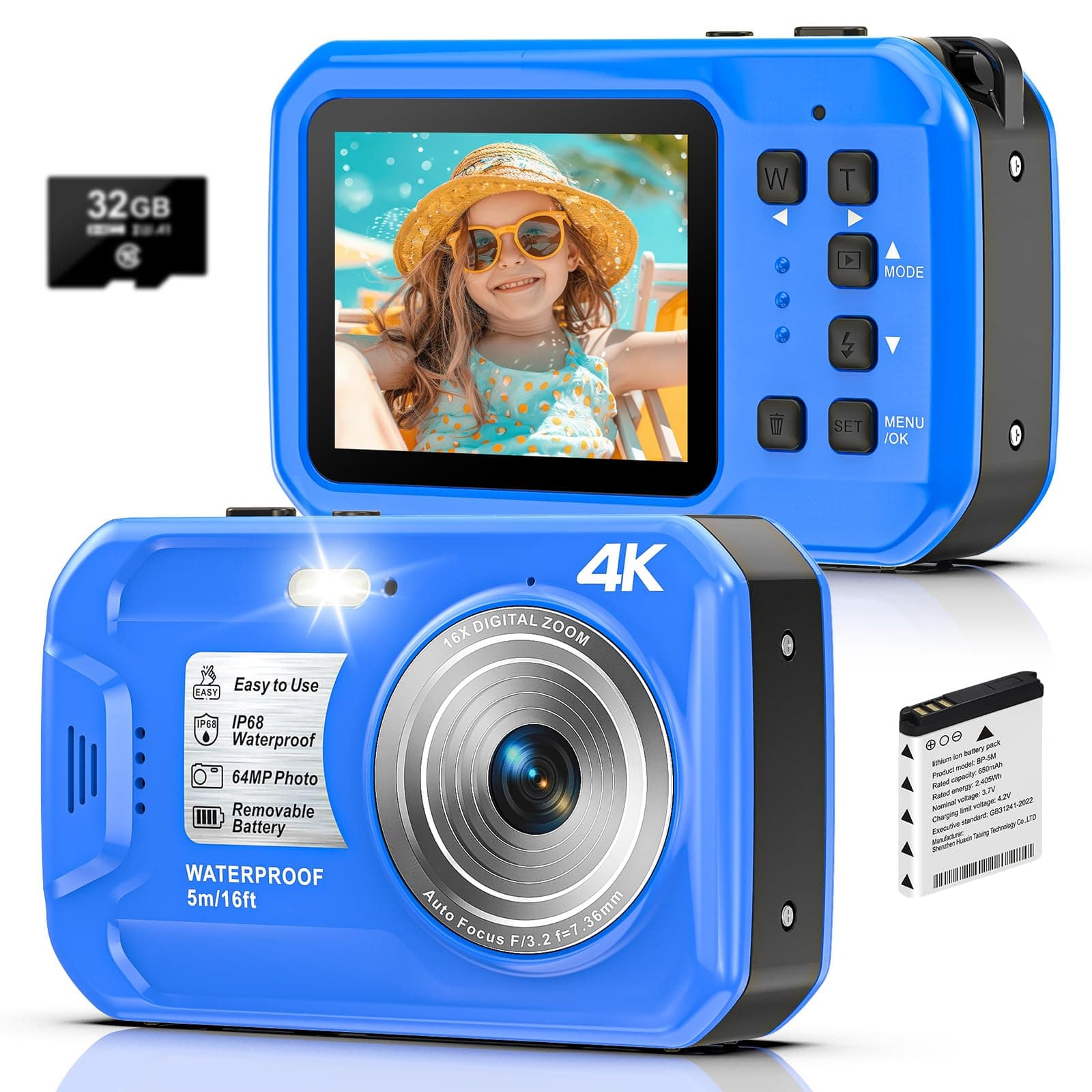 4K Underwater Camera, 64MP 16FT Waterproof Digital Camera with 32GB Card, Autofocus Floatable Waterproof Camera with IPS HD Screen, 16X Digital Zoom, Fill Light, for Snorkeling, Surfing, Swimming