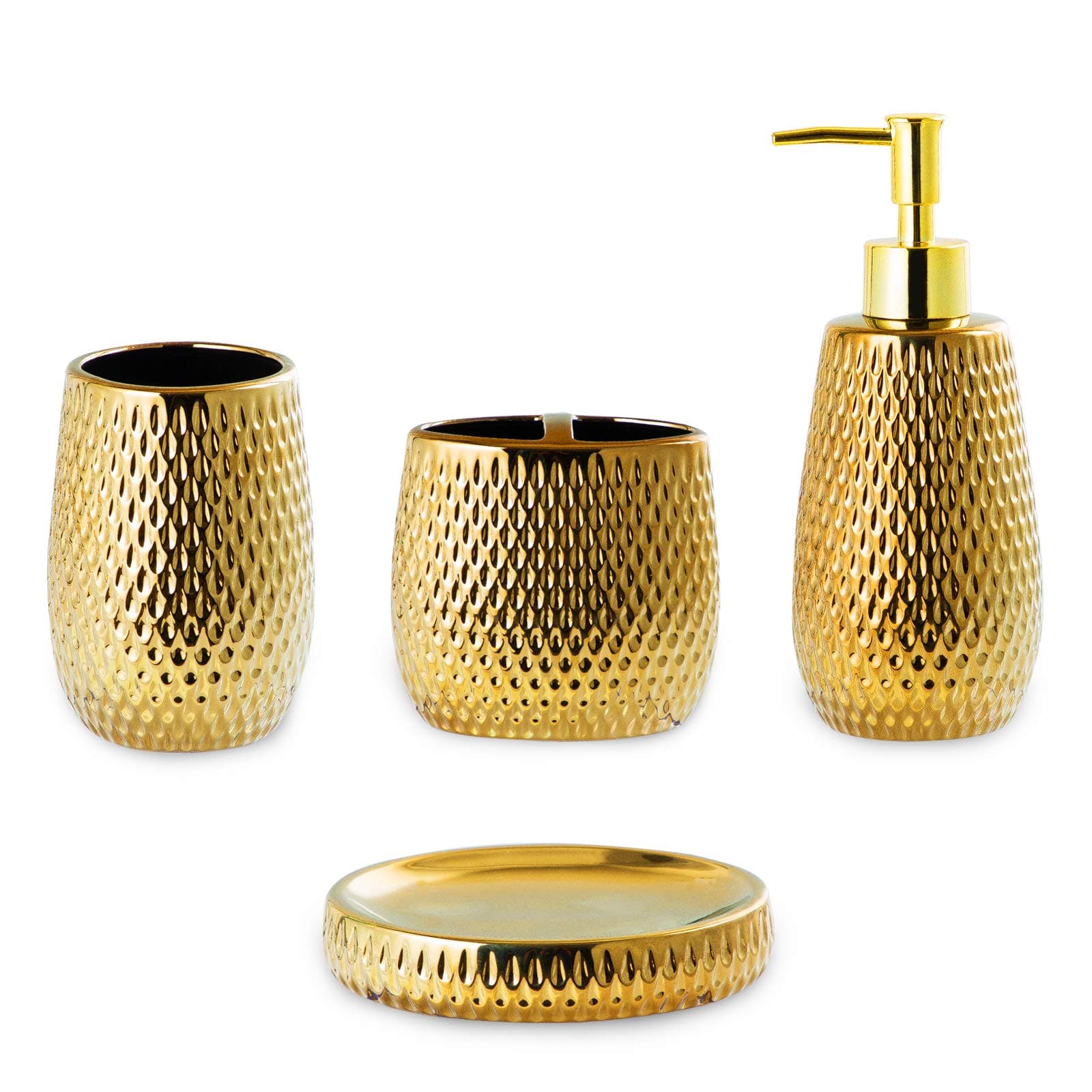Gold Bathroom Accessory Set 4 Piece Ceramic Bath Accessories Sets Complete, Rain- Drop Shaped Bathroom Essential with Toothbrush Holder & Dish, Tumbler,Soap Dispenser Set for Bath Decor