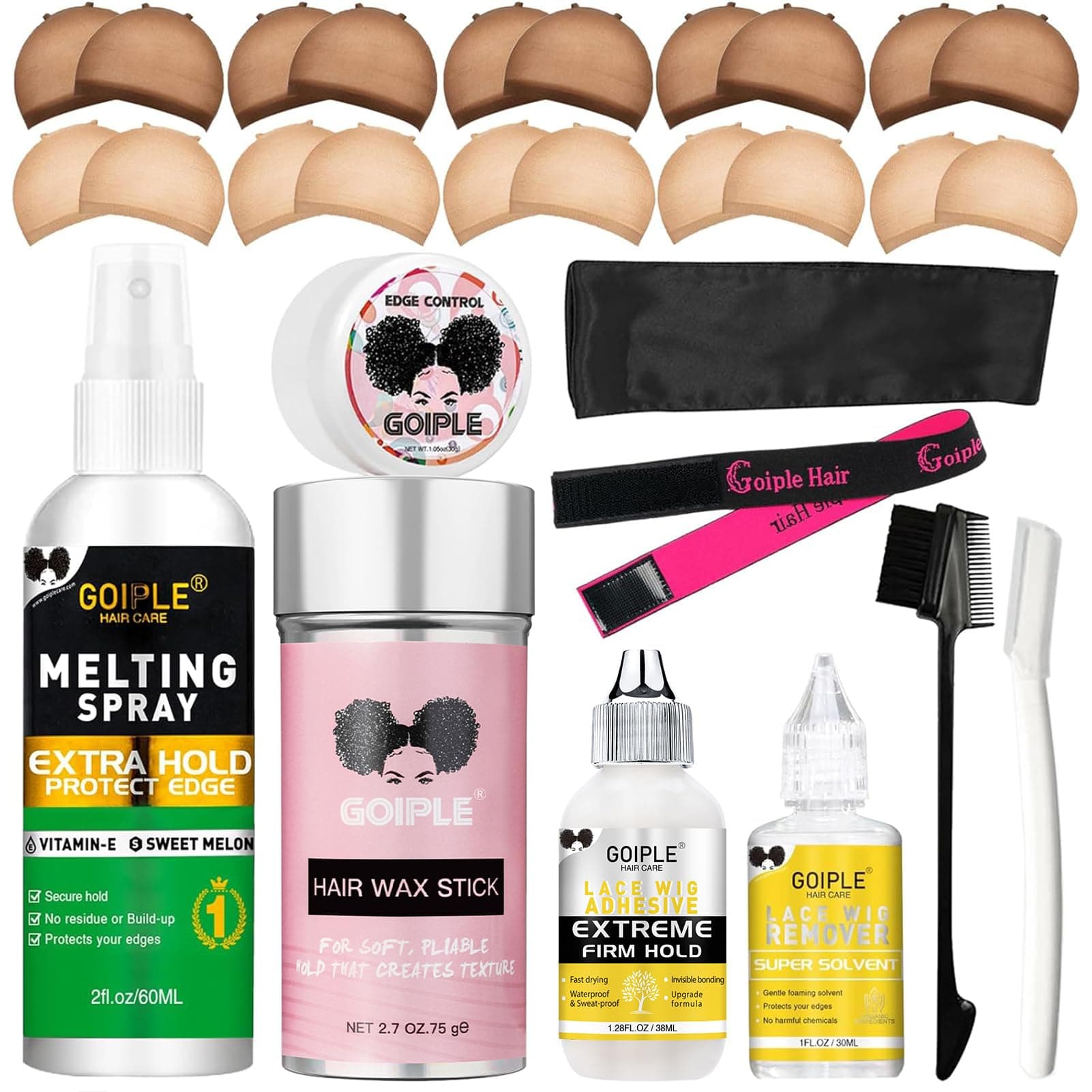 Wig Accessory Essentials Kit Lace Front Wig Glue & Remover, Wig Caps, Elastic Band, Hair Wax Stick, Edge Control, Edge Brush, Hair Shear Dermaplanning Razor Tool and Edge Scarf - 28PCS