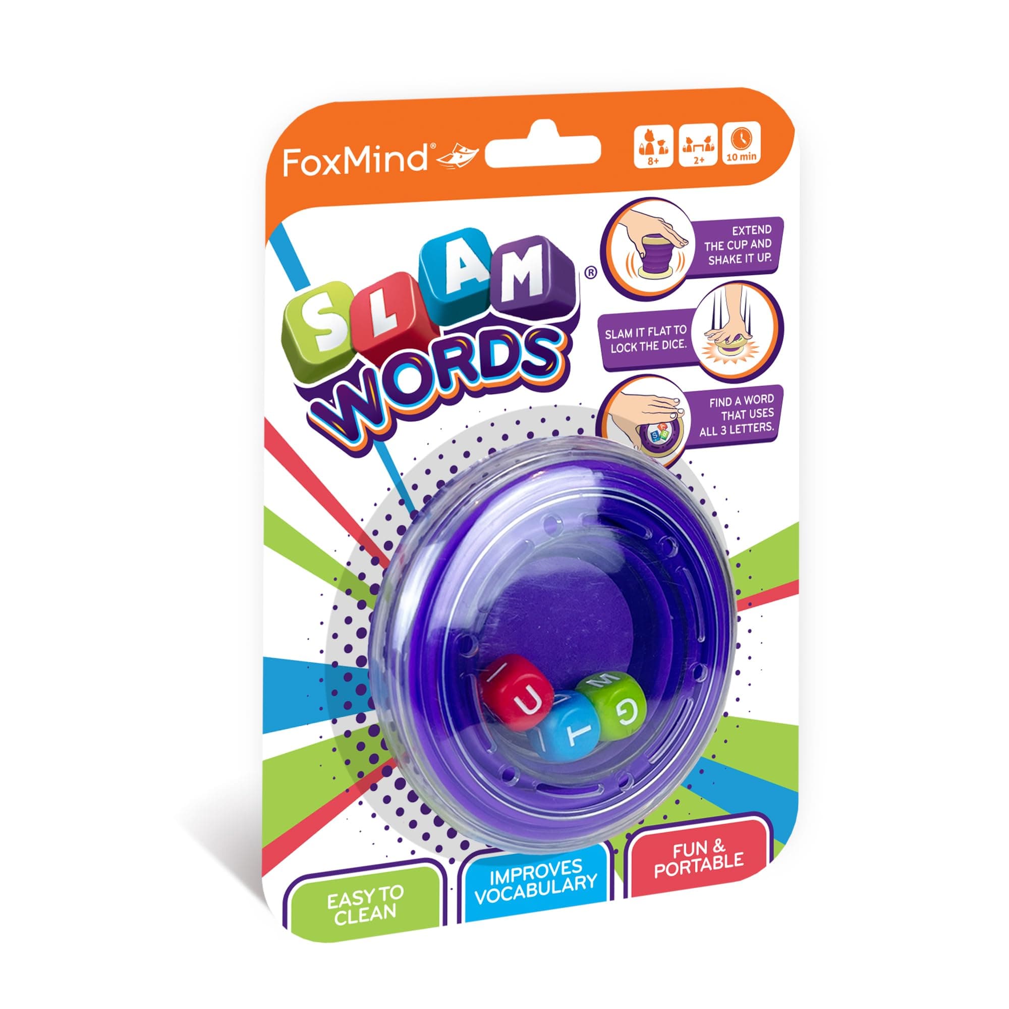 FoxMind Games: Slam Words Quick Word Game, Educational Alphabet Dice Games to Improve Vocabulary, 20 Minute Travel Board Games for 2 or More, Word Board Games for Travel, Family Night, Parties