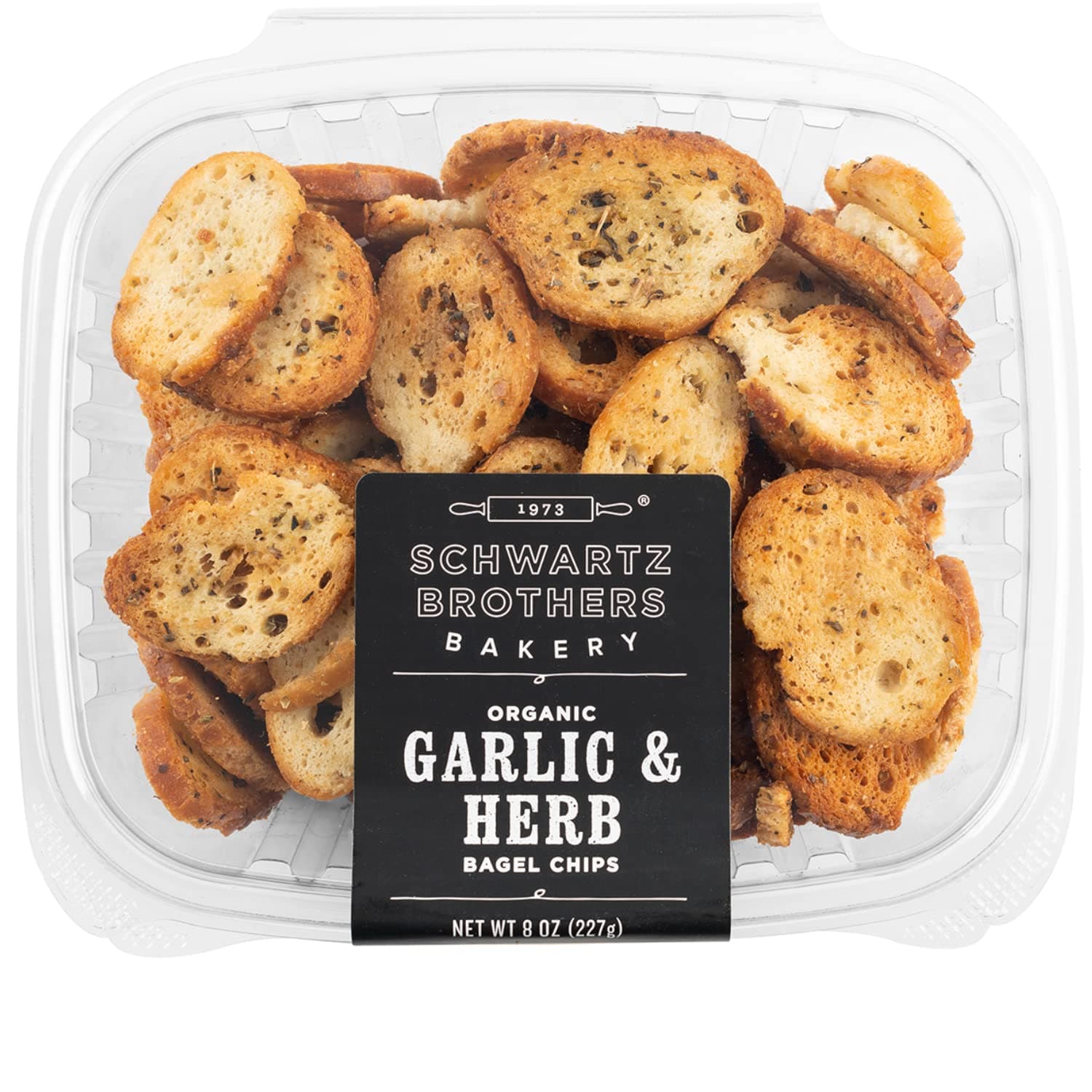 Garlic & Herb Bagel Chips NY Style Bagel Crisps. Organic, Vegan, Kosher. From the artisans of Schwartz Brothers Bakery. Baked Fresh. Twice Baked. 8 ounce container. Great Snack. Delicious. Pack of 2.