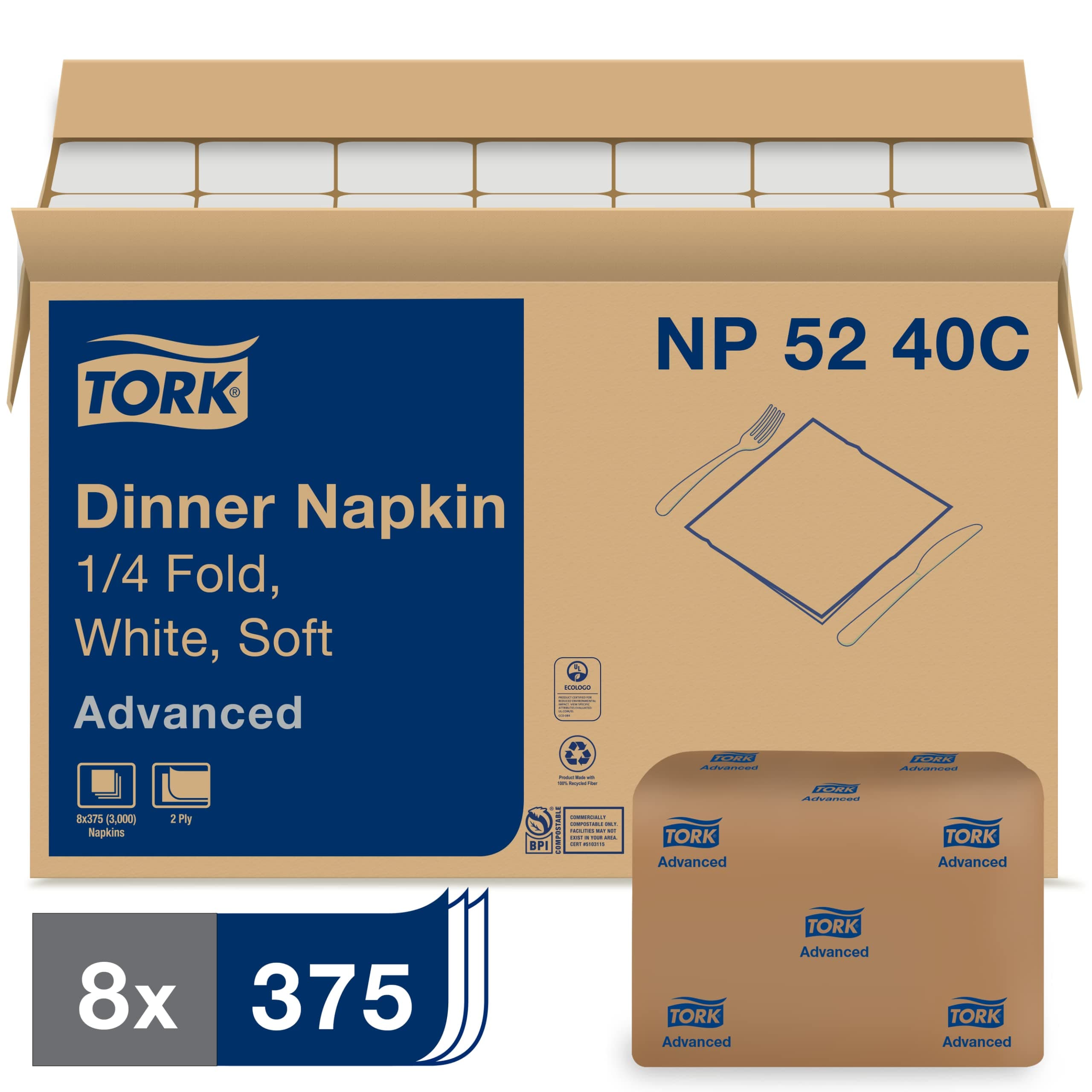 Tork White Soft Dinner Napkin, 1/4 Fold 2-ply, 16.3" x 15", 8 x 375 napkins, NP5240C