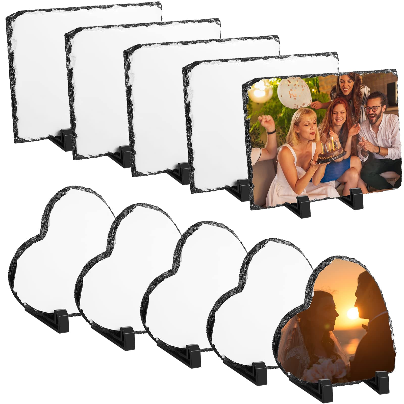 Sasylvia 10 Pcs Sublimation Slate Blanks Rectangular Heart Slate Rock Stone Photo Frame with Display Stand Sublimation Blank for Valentines Wedding Gifts Desktop Souvenir, 7.9" x 5.9", 5.9" x 5.9"