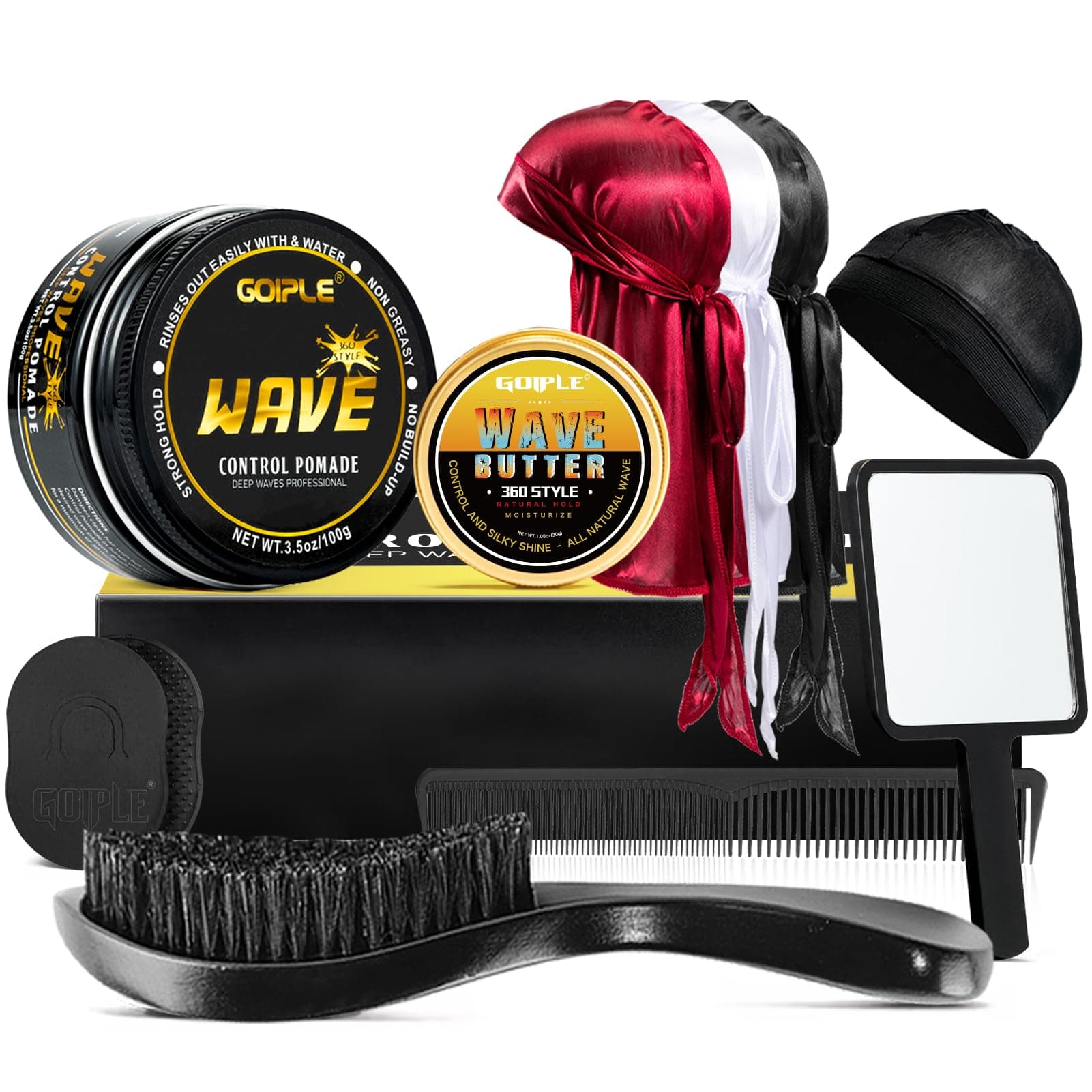 Wave Pomade for Men Strong Hold Easy Wash 360 Wave Training Hair Cream, Waves Grease for Men Promotes Layered Waves, Moisture, Control and Silky Shine, Wave Kit Curved Medium Waves Brush Silky Durag
