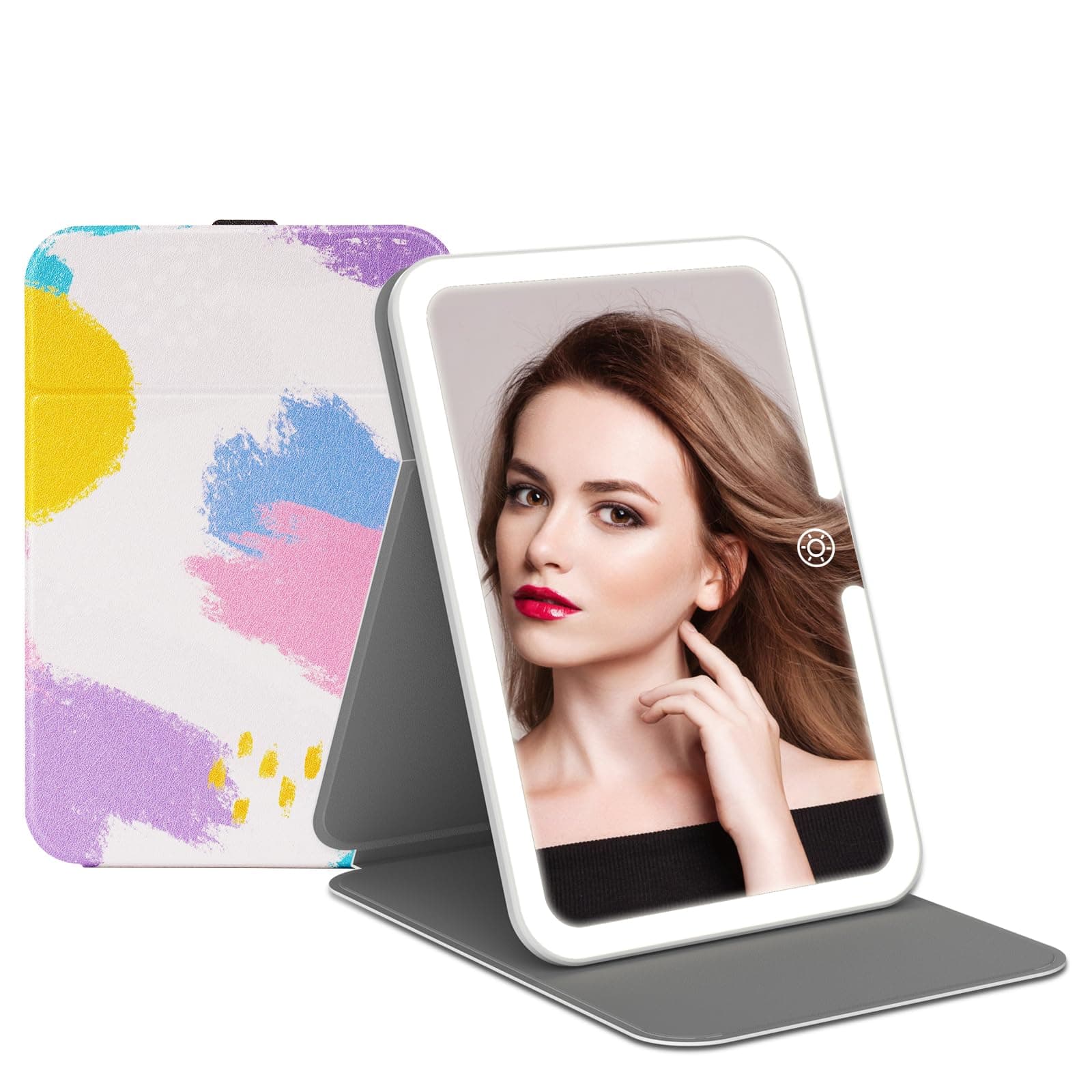 Rechargeable Makeup Vanity Mirror with PU Leather Case Cover, Lighted Portable Folding Travel Mirror, 3 Color Lighting, Dimmable Touch Screen, Adjustable Stand, Light Up Tabletop Cosmetic Mirror