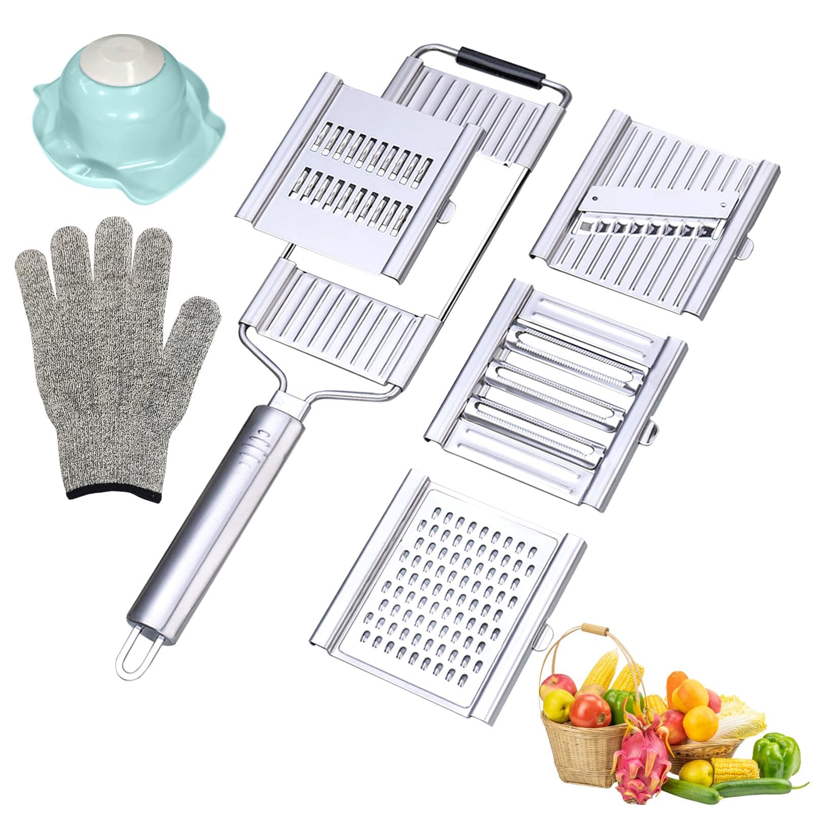 Handheld Vegetable Slicer, 7 in 1 Multipurpose Vegetable Slicer, Stainless Steel Cheese Grater Vegetable Chopper with 4 Interchangeable Blades sets, Stainless Steel Peeler Kitchen Tools