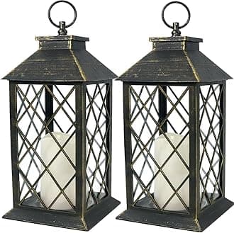 Bright Zeal 2-Pack 13.5" Vintage Candle Lantern with LED Candle (Distressed Gold, 6hr Timer) - IP44 Waterproof Outdoor Hanging Lanterns Battery Powered - Tabletop Lantern Decorative Home Lanterns