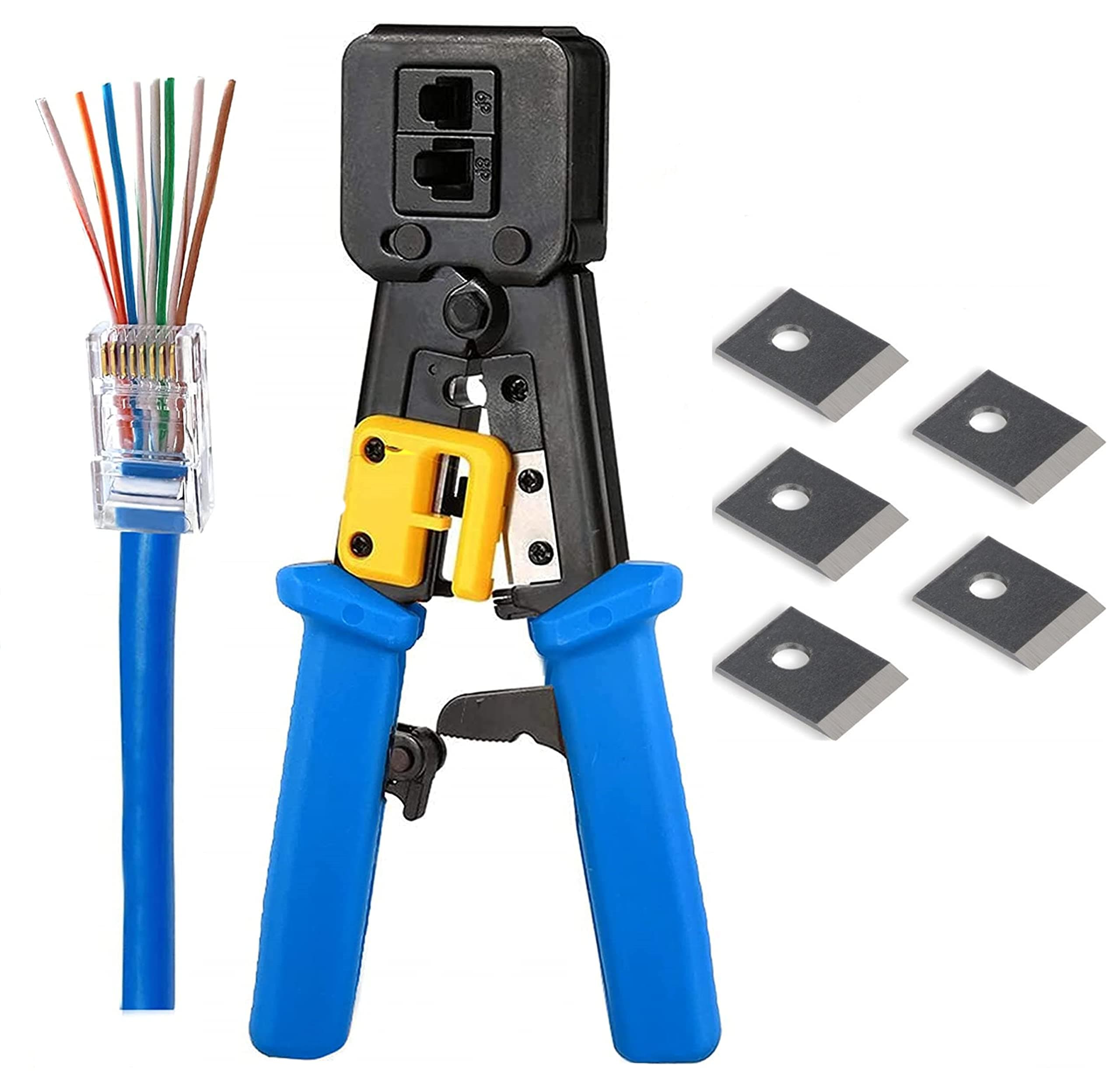 PETECHTOOL RJ45 Crimp Tool Ethernet Pass Thru Crimper with 5Pack 8Pin Replacement Blades for Pass Through Cat5 Cat5e Cat6 RJ45 RJ12 Regular and End Pass Through connectors
