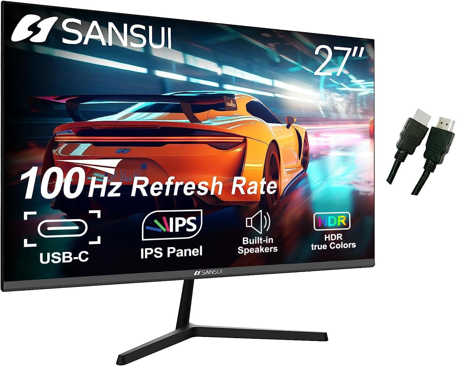 SANSUI Computer Monitors 27 inch 100Hz IPS USB Type-C FHD 1080P HDR10 Built-in Speakers HDMI DP Game RTS/FPS tilt Adjustable for Working and Gaming (ES-27X3 Type-C Cable & HDMI Cable Included)
