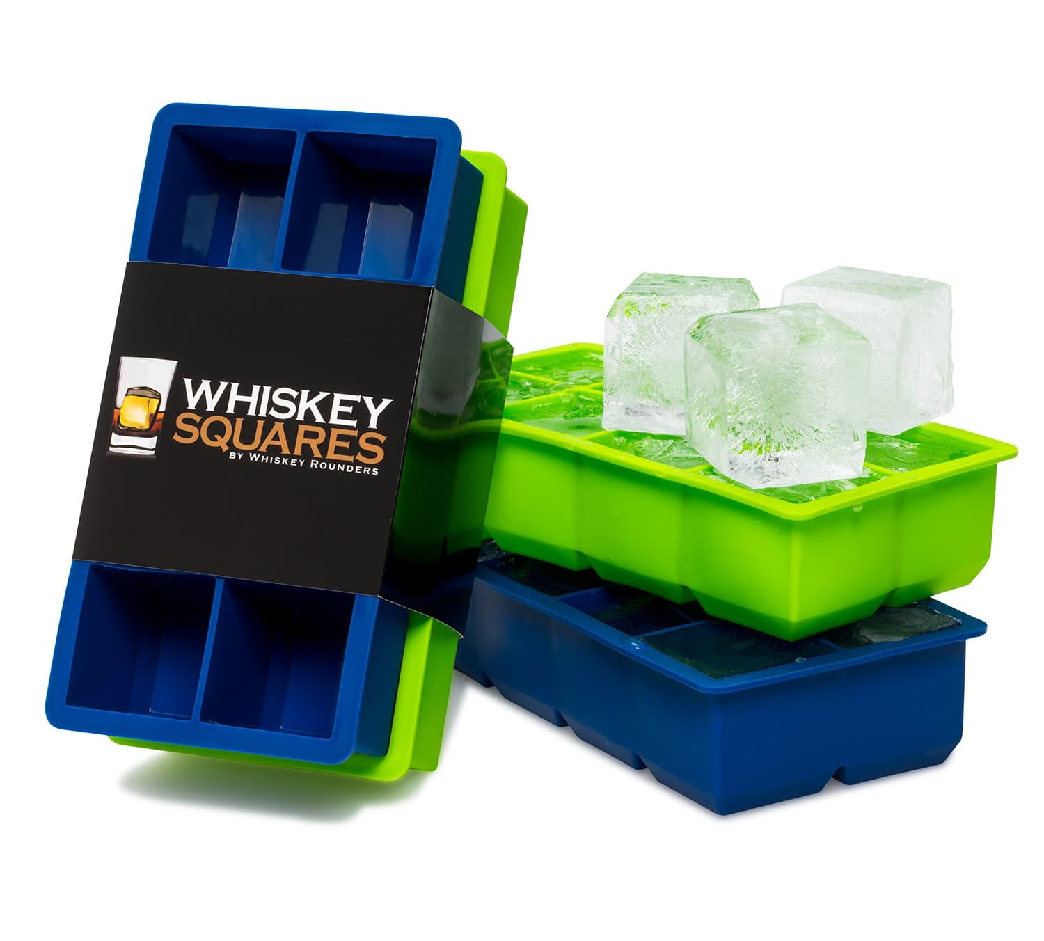 Whiskey Squares Silicone Ice Cube Tray Set - 2 Molds (Blue and Green) Make 16 Large 2 Inch Cubes