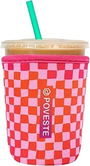 Reusable Neoprene Insulator Sleeve for Iced Coffee & Cold Soda, Coffee Sleeves for Iced & Hot Drinks, Cold Beverage Cooler Compatible with Starbucks, Dunkin (Gradient Cherckerboard, Small: 16-18oz)