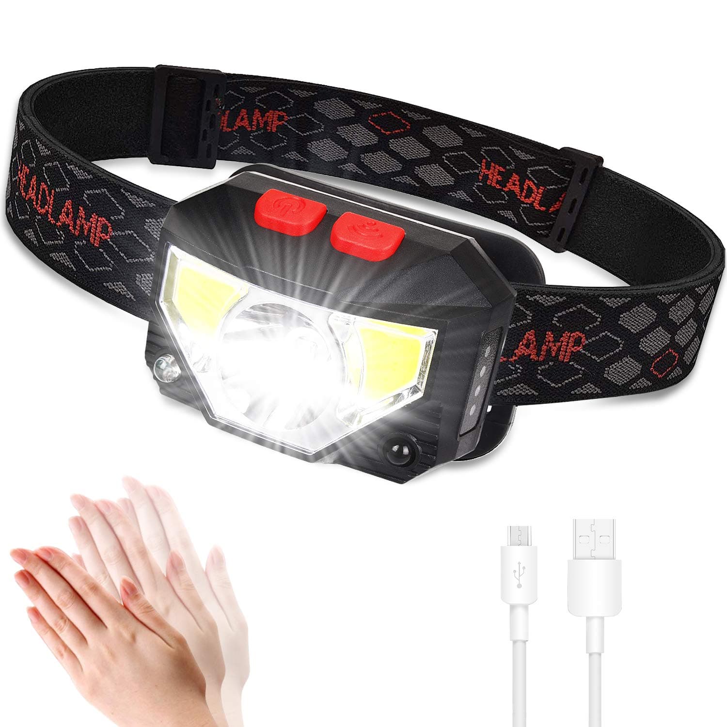 LED Head Torch, USB Rechargeable Headlamp Headlight, Super Bright 800 Lumens COB LED Headtorch, 70g, Motion Sensor Head Lamp with IPX45 Waterproof for Kids Adults, Running, Camping, Fishing
