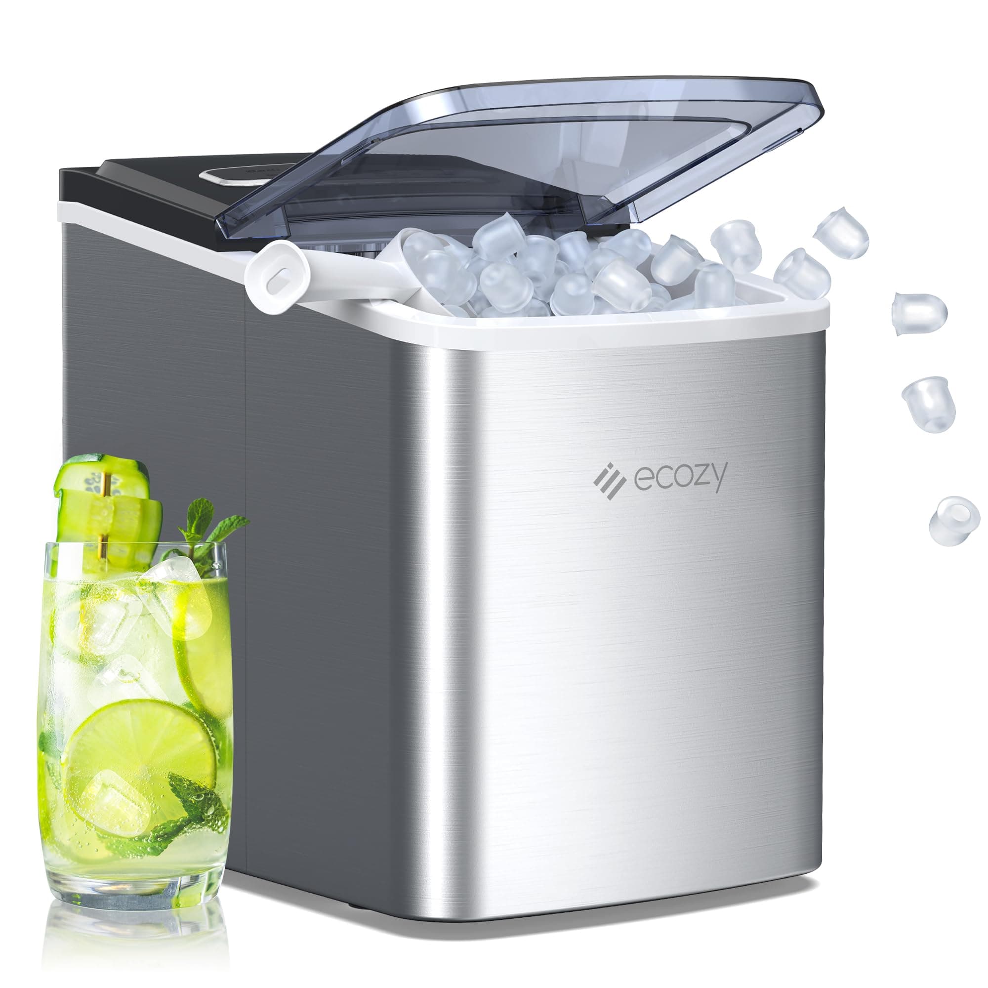 Ecozy Portable Countertop Ice Maker, 9 Cubes in 6 Mins, 26.5 lbs in 24 Hours, Self-Cleaning, Silver