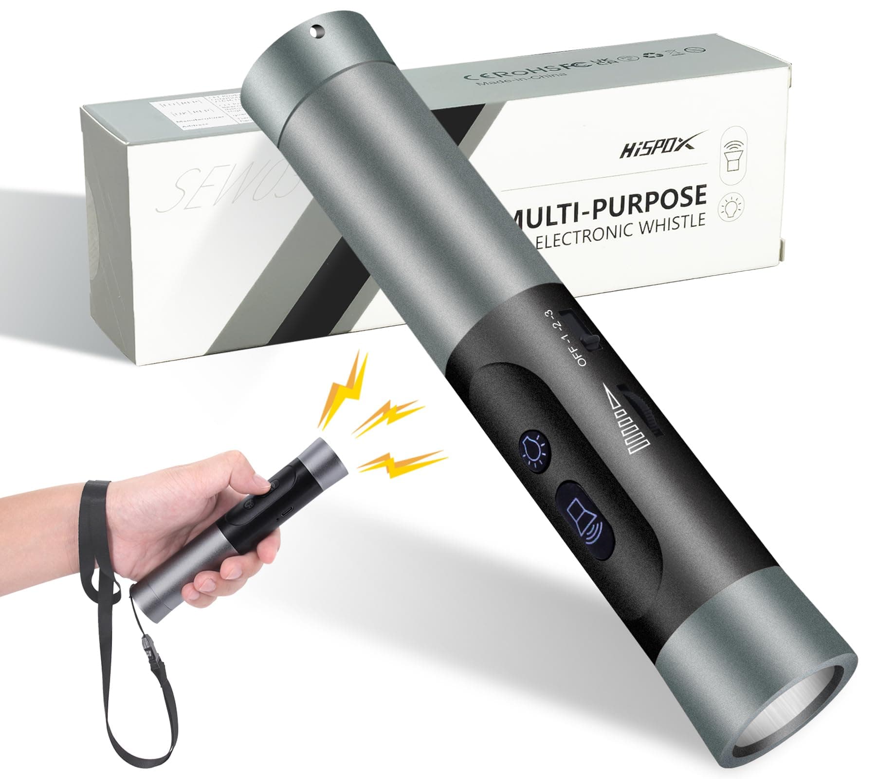 Electronic Whistle Rechargeable, Adjustable Volume, Hand Electric Whistle with Light for Coaches, Teachers, Referees, Extended Handle Easy to Use