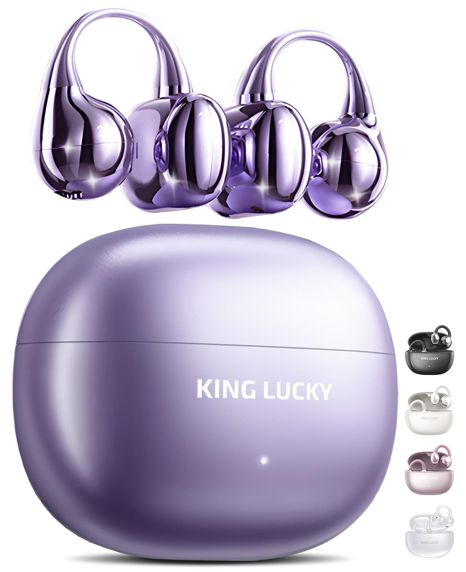 King Lucky i121 Open Ear Wireless Bluetooth 5.4 Clip-on Earbuds with Mic, 50H Playtime, Waterproof, Comfortable for Small Ears&Glasses Wearers, for Workouts (Modern Design, Purple)