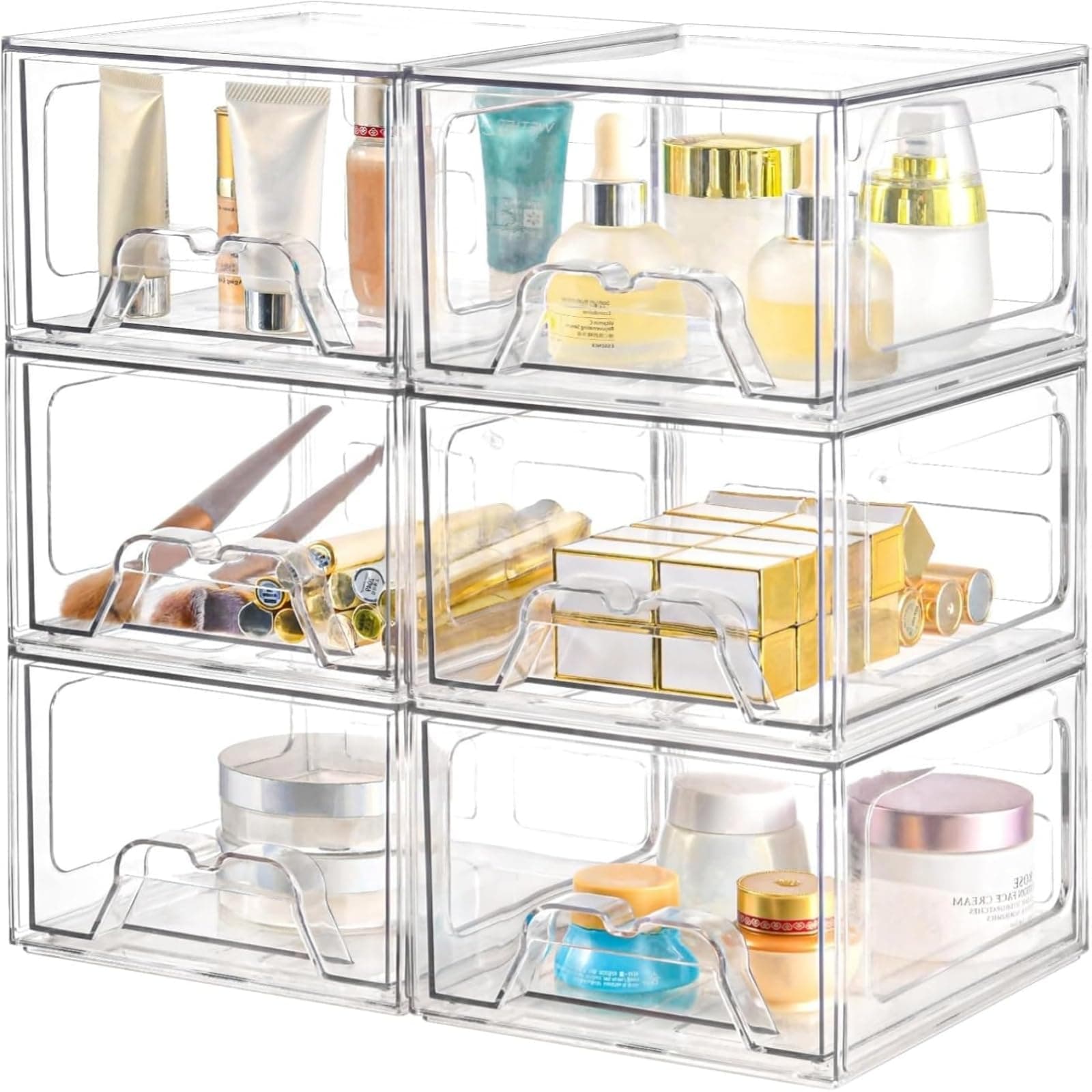 Plastic Drawers Storage, 6 Pack Clear Stackable Storage Drawers, Acrylic Storage Bins with Drawers for Fridge Organizers, Small PlasticDrawers Stackable for Makeup Organizers Cosmetic Display