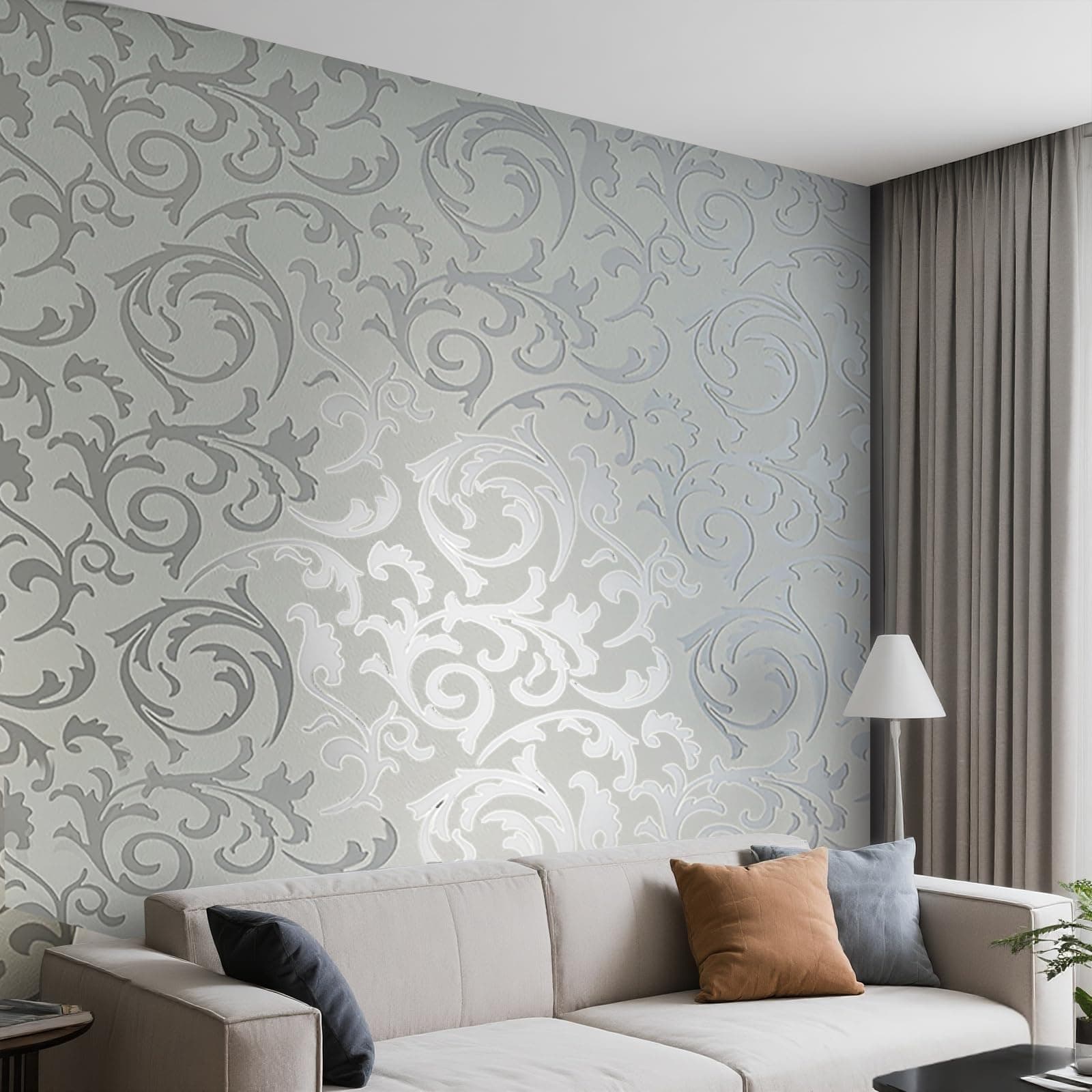 Embossed Grey Wallpaper Feature 3D Abstract Silver Glitter Curves Wallpaper, Retro Leaf Textured, for Bedroom Living Room TV Backdrop