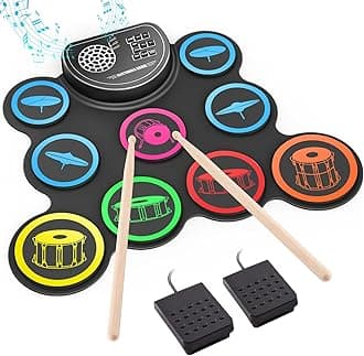 Electronic Drum Set, 9-Drum Practice Pad with Headphone Jack, Roll-up Drum Kit Machine with Built-in Speaker Drum Pedals and Sticks 10 Hours Playtime, Great Christmas for Kids