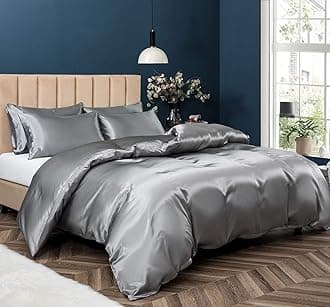 P Pothuiny 5 Pieces Satin Duvet Cover Full/Queen Size Set, Luxury Silky Like Grey Duvet Cover Bedding Set with Zipper Closure, 1 Duvet Cover + 4 Pillow Cases (No Comforter)