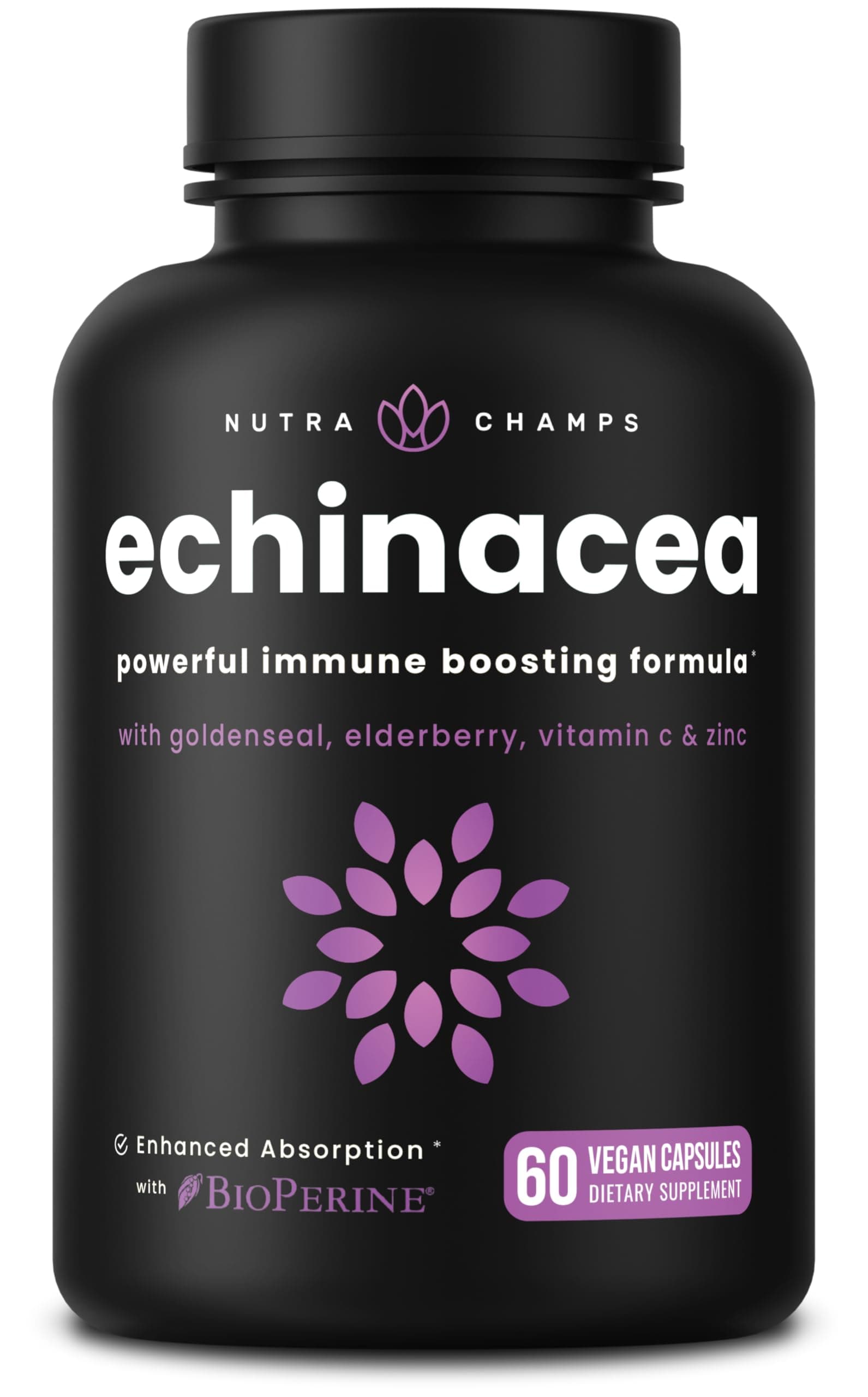 NutraChamps Echinacea Capsules 1000mg - 8-in-1 Immune Support Supplement - Echinacea Goldenseal, Vitamin C, Zinc, Ginger, Elderberry - 60 Capsules