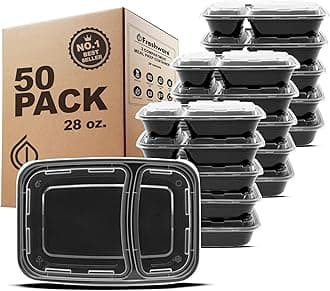 Meal Prep Containers [50 Count ] 2 Compartment with Lids, Food Storage Containers, Bento Box, BPA Free, Stackable, Microwave/Dishwasher/Freezer Safe (28 oz)