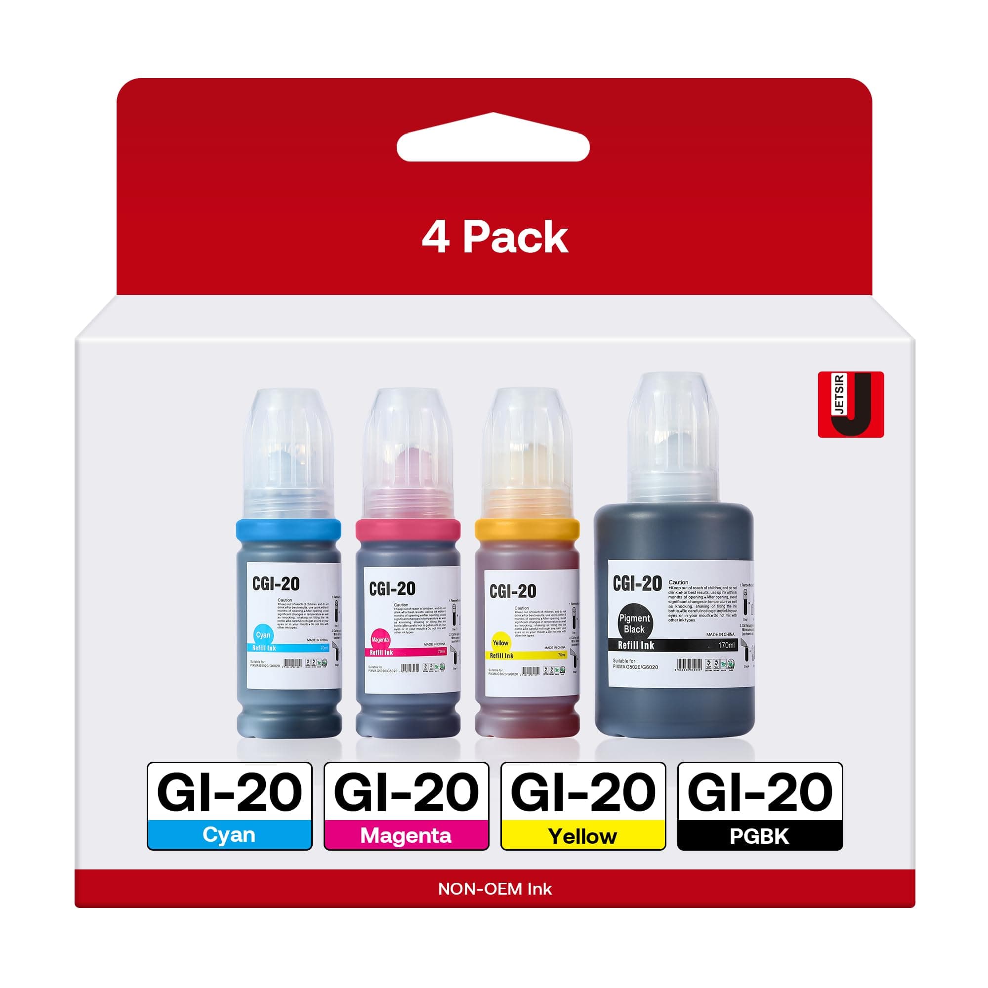 GI-20 GI20 Refill Ink Bottles Kit Compatible with Canon G6020 G7020 G5020 MegaTank Printers, 4-Pack (170ML GI-20 Black, 70ML GI20 Color)