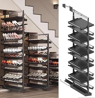 Pull-Out Shoe Rack Organizer for Closet Shoe Cabinet,Adjustable Height Retractable Metal Stackable Shoe Rack, Vertical Shelf Organizer for Small Bedroom Closet, Space Saving Storage, Black(43cm,10 Tie