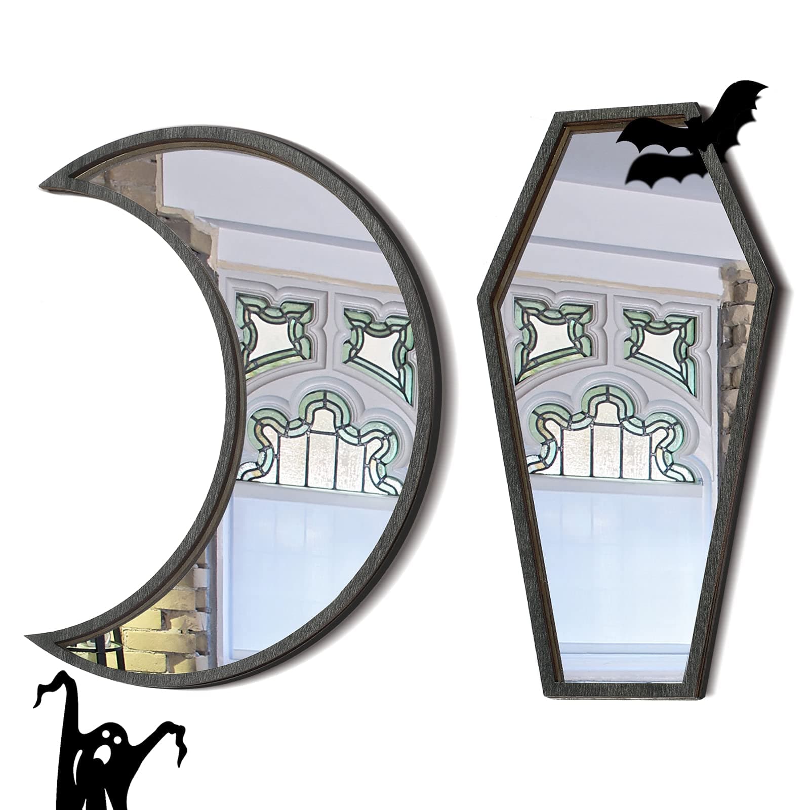 2 Pieces Tiny Coffin Moon Mirror Cute Goth Room Decor Spooky Gothic Decorative Mirror Rustic Black Wall Decor Wall-Mounted for Halloween Indoor Decoration,6 Inches