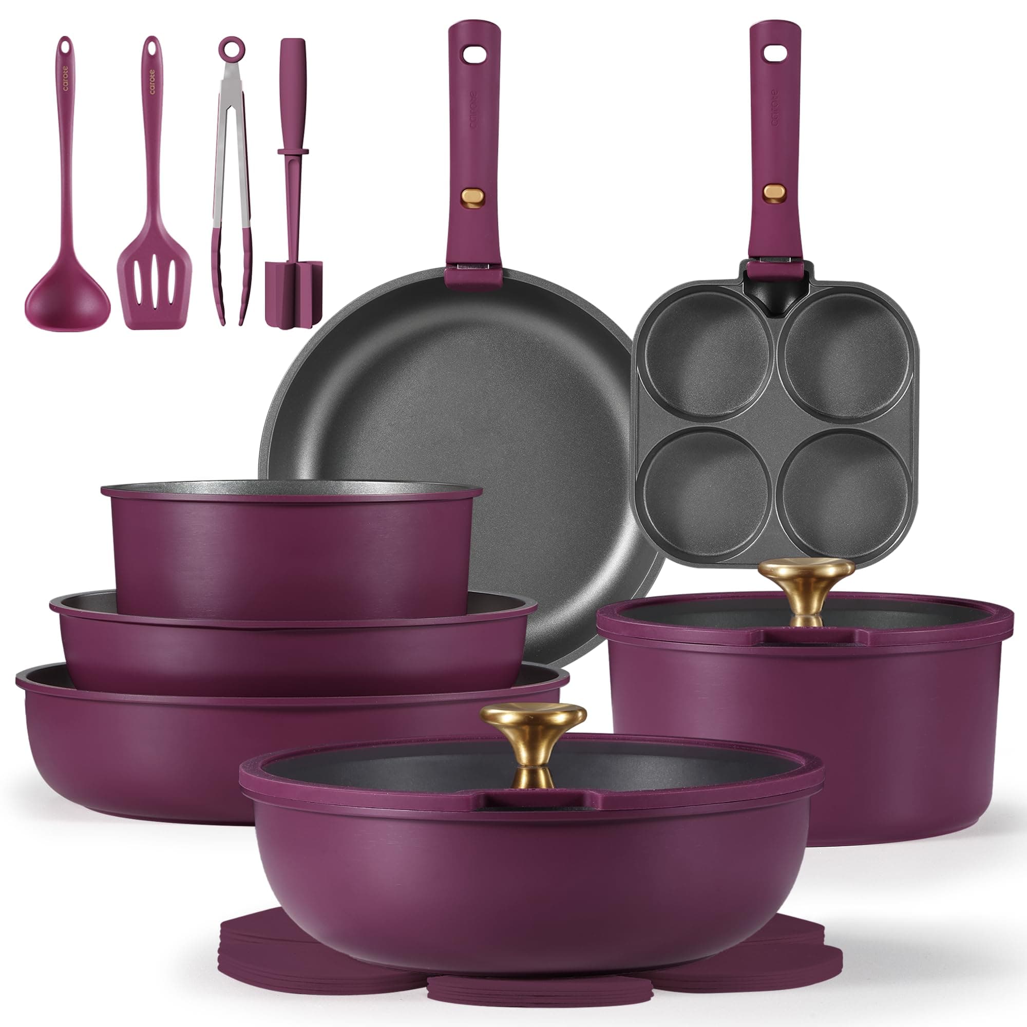 19pcs Pots and Pans Set, Nonstick Cookware Set Detachable Handle, Induction Kitchen Cookware Sets Non Stick with Removable Handle, RV Cookware Set, Gold and Purple
