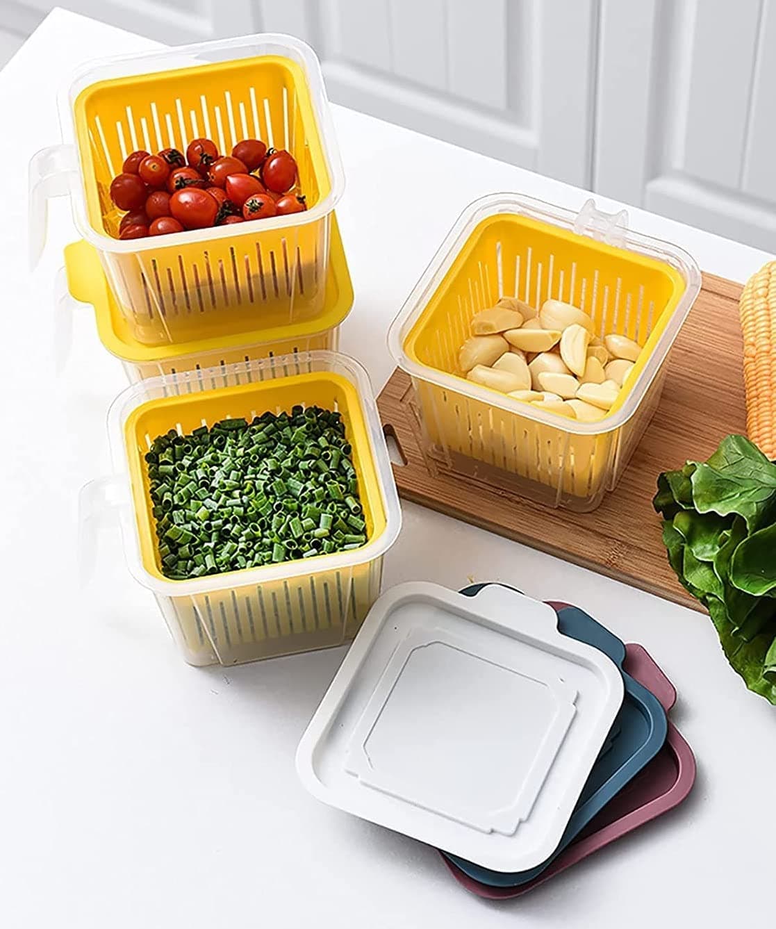 JRM's Kitchen Food Storage Container with Drainer Basket Plastic Vegetable Fruit Organizer with Portable Handle and Lid Sealed Food Storage Box (Pack of 2)