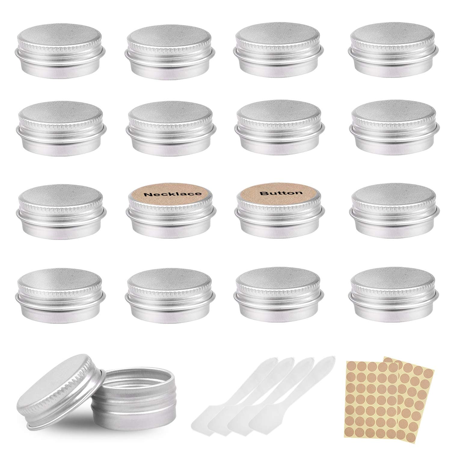 24 pcs Aluminium Empty Containers, Round Travel Cream Jars, Empty Tins with 2 Pieces Round Stickers for Lip Balm, Lotion, Cream, Masks, Mini Candles, Cosmetics (Silver,5ml)