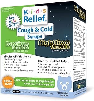 Kids Relief Cough & Cold Syrup Bundle, Daytime & Nighttime Formulas, for Kids 0-12 Yrs, Caramel Flavor, Gluten and Dye Free, No Added Sugar, 2 x 3.4 oz