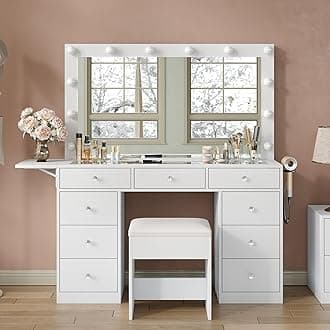 Vanity Desk & Power Outle, Makeup Vanity with Mirror and 12 LED Lights, 9 Drawers Makeup Table with Fold-up Panel, Vanity Set 3 Lighting Modes Brightness Adjustable (White)