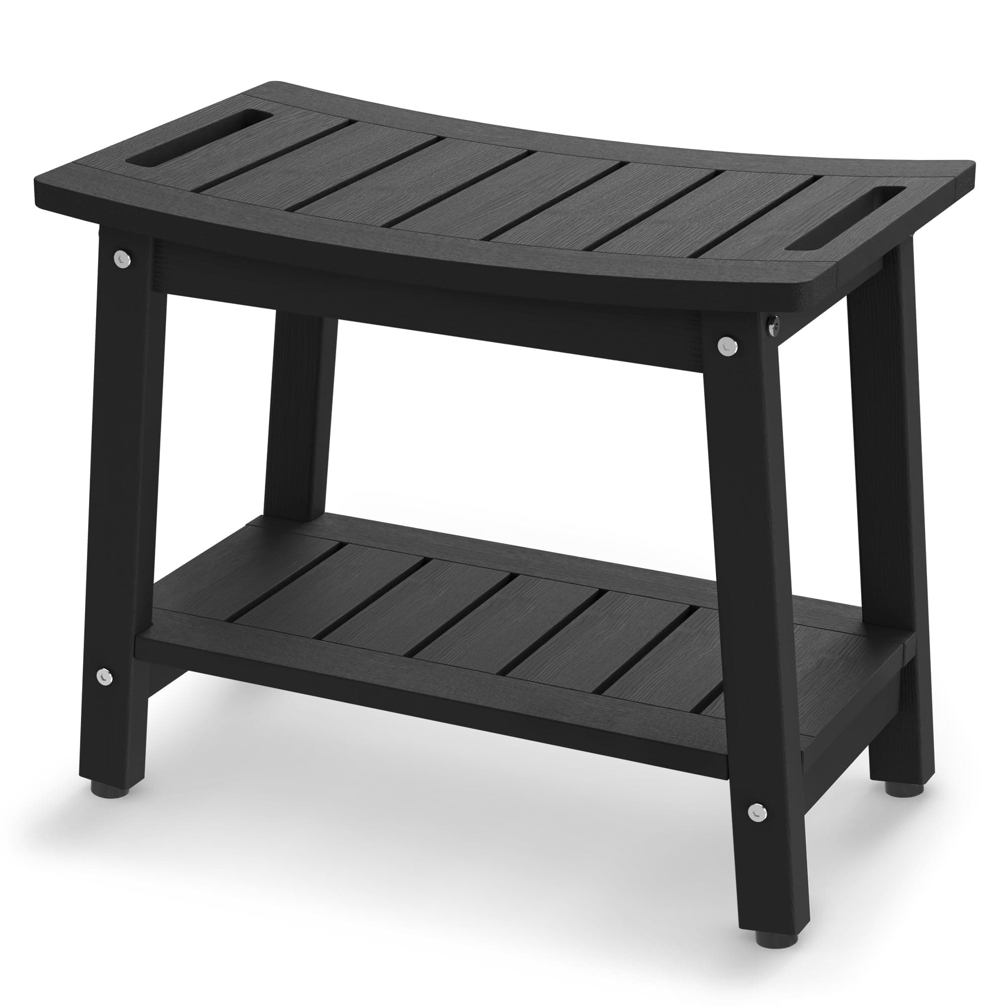 Shower Bench for Inside Shower - Black HDPE Shower Stool Waterproof - Spa Bathroom Seat Chair with Handle, Storage Shelf, Adjustable Feet - Indoor/Outdoor, Weather Resistant