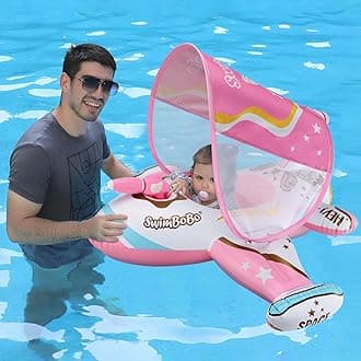 Swimbobo Toddler Pool Float Inflatable Car Baby Swim Float with Adjustable Sun Canopy and Safety Seat Pool Toys for Kids 3+ Years Old(Pink Airplane)