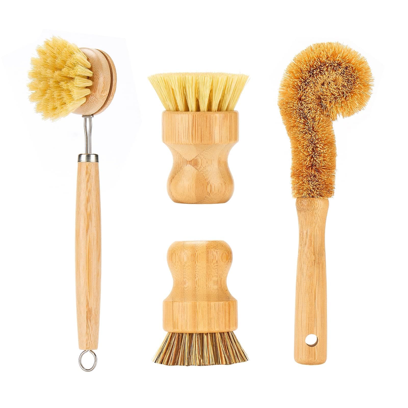 Bamboo Dish Brushes Sets 4 Tools in One Kitchen Clean Dish Scrubber for Pots Pans Bottles with Natural Bristles (Bamboo Brushes Sets)