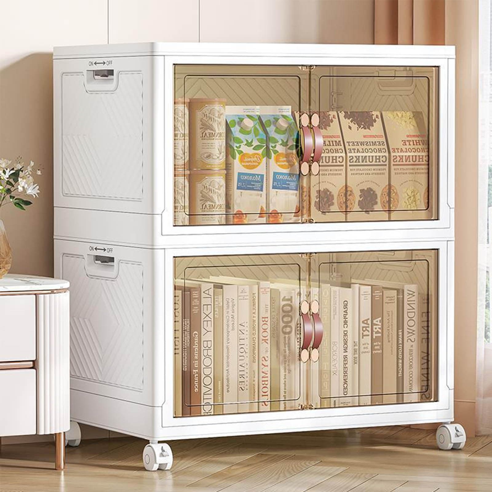 Multi Layered Folding Storage Cabinet, Large capacity Standing Storage Cabinet Shelf Transparent and Visible Dustproof Toy Storage Box, Snacks Locker, Bookcase with Universal Wheels (2 Layer)