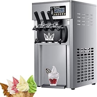 Commercial Soft Ice Cream Machine,1200W Electric Ice Cream Maker,3 Flavors Ice Cream Maker,Auto Clean LCD Panel,1.8Lx2 Freezing Cylinder,for Restaurants Dessert Shops, Coffee Shops, 18L/H