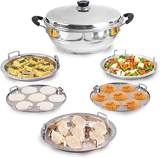 Stainless Steel Idli Maker/Momo Maker/Multi Kadai/Steamer Set|Large, 5 Plates, 2 Idli|2 Dhokla|1 Steamer|29Cm/11.3 Inch, 4.2Ltr, 2.5Kg|3-Layer Thick Bottom|Induction Friendly