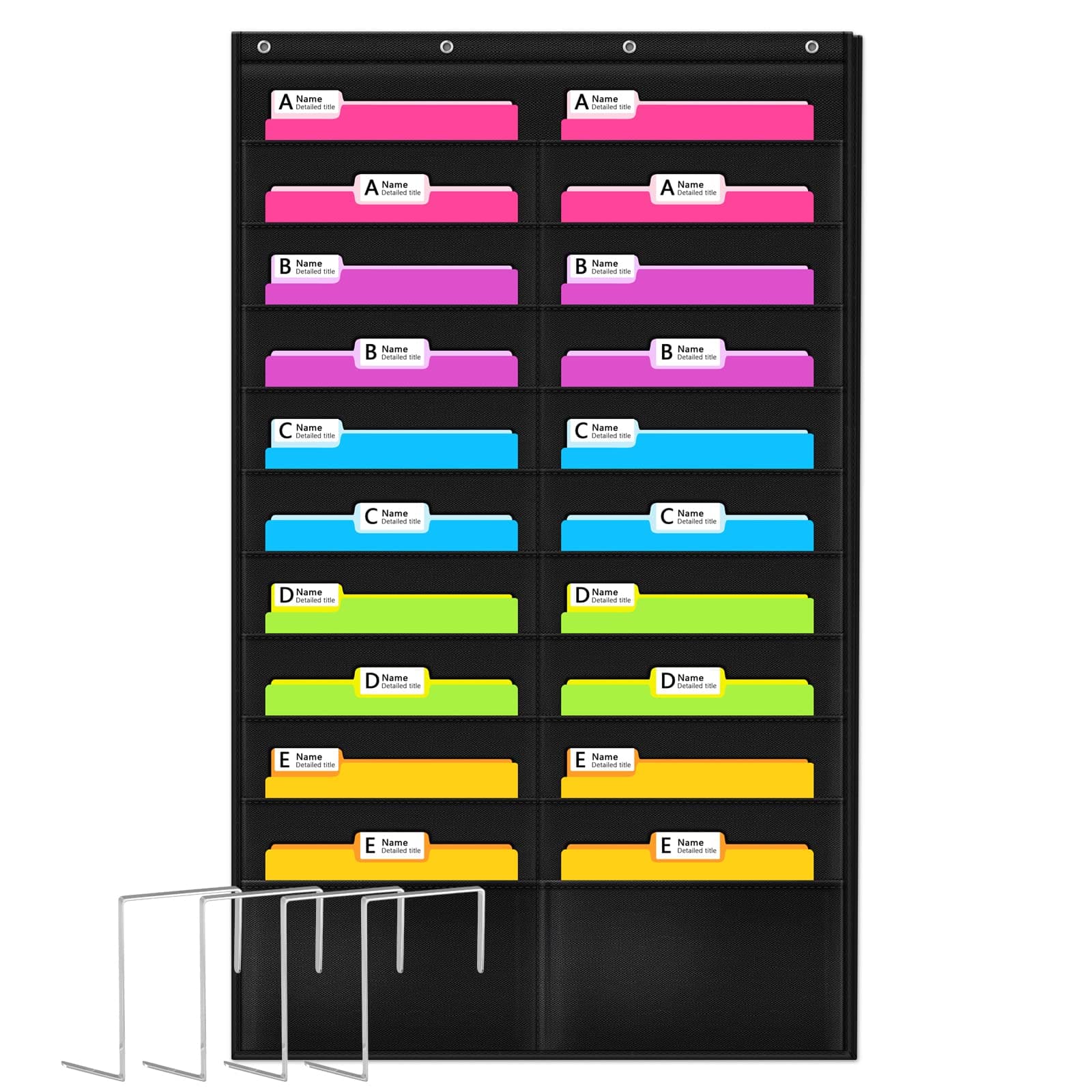 Godery Folder Pocket Chart (Black), Cascading Wall Organizer for School, Classroom, Home or Office Use, 20 Pocket Chart Hanging Wall Organizer with 4 Hangers