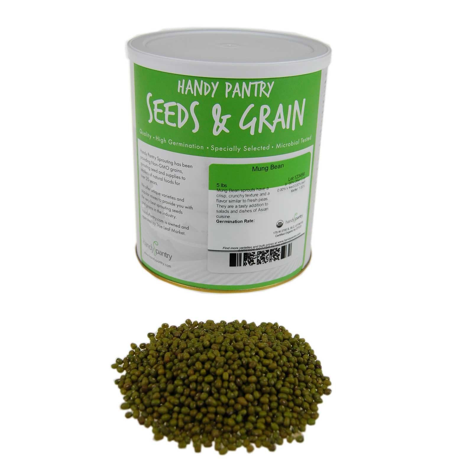 Mung Bean Sprouting Seed: 5 Lb - Organic, Non-GMO - Handy Pantry Brand - Dried Mung Beans for Sprouts, Garden Planting, Chinese & Asian Cooking, Soup & More