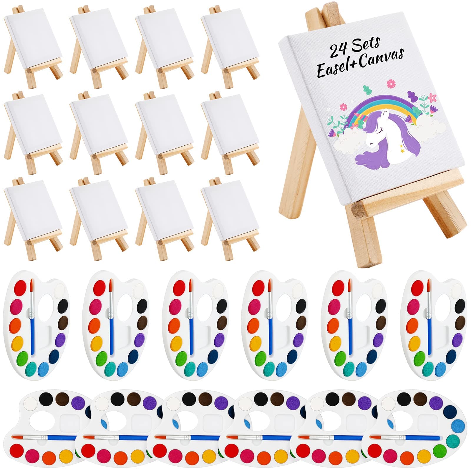 Zubebe Mini Watercolor Paint Sets Include 4" x 4'' Canvas Wooden Easel 12 Colors Watercolor and Painting Brush for Art Party Favors Back to School Gifts Classroom Supplies(24 Set)