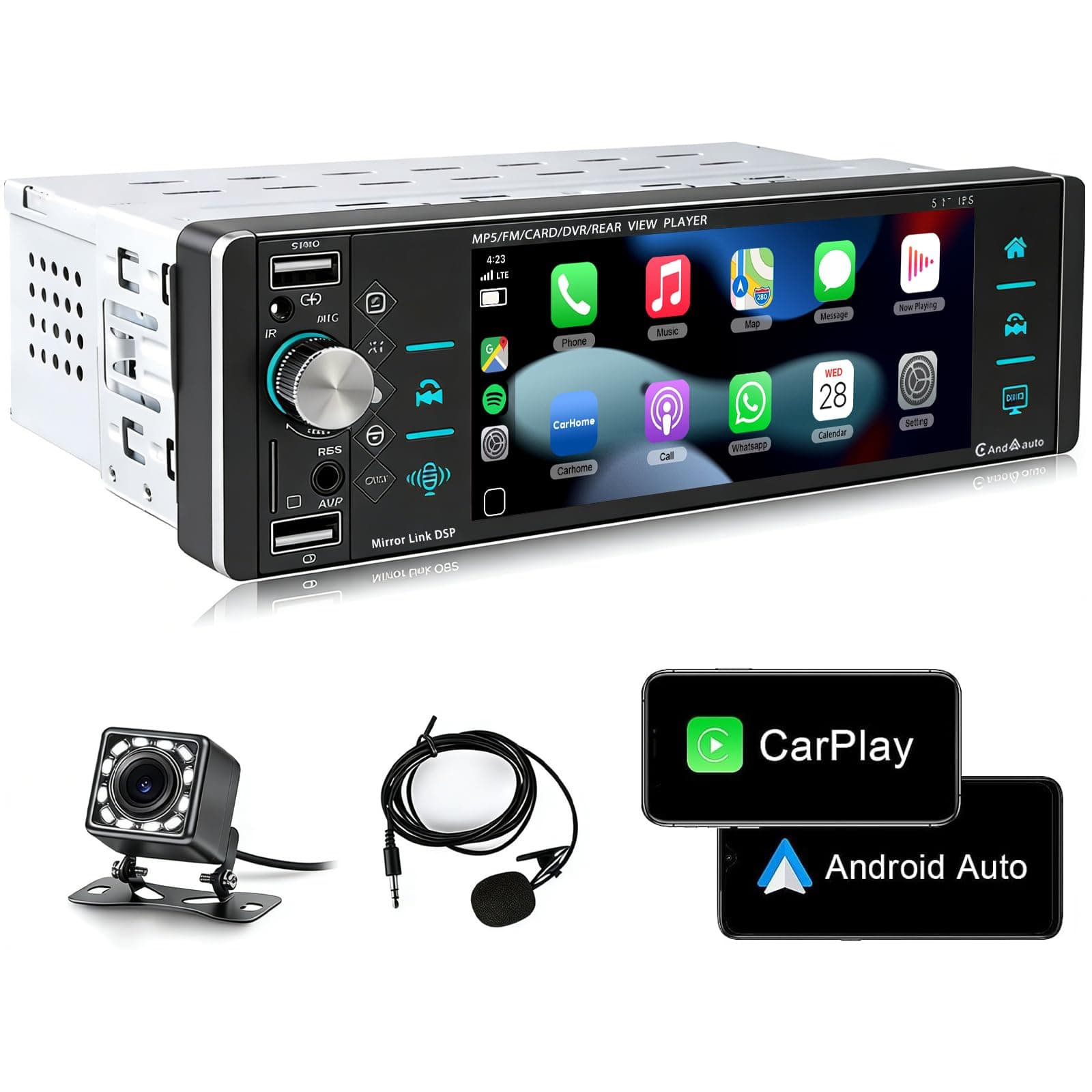 Single Din Car Stereo Compatible Single Din Carplay Android Auto, 5.1 Inch METEESER Bluetooth Car Stereo with Backup Camera, 1 Din Touchscreen Radio Support FM/Mirror Link/SWC/USB/DVR/AUX-in
