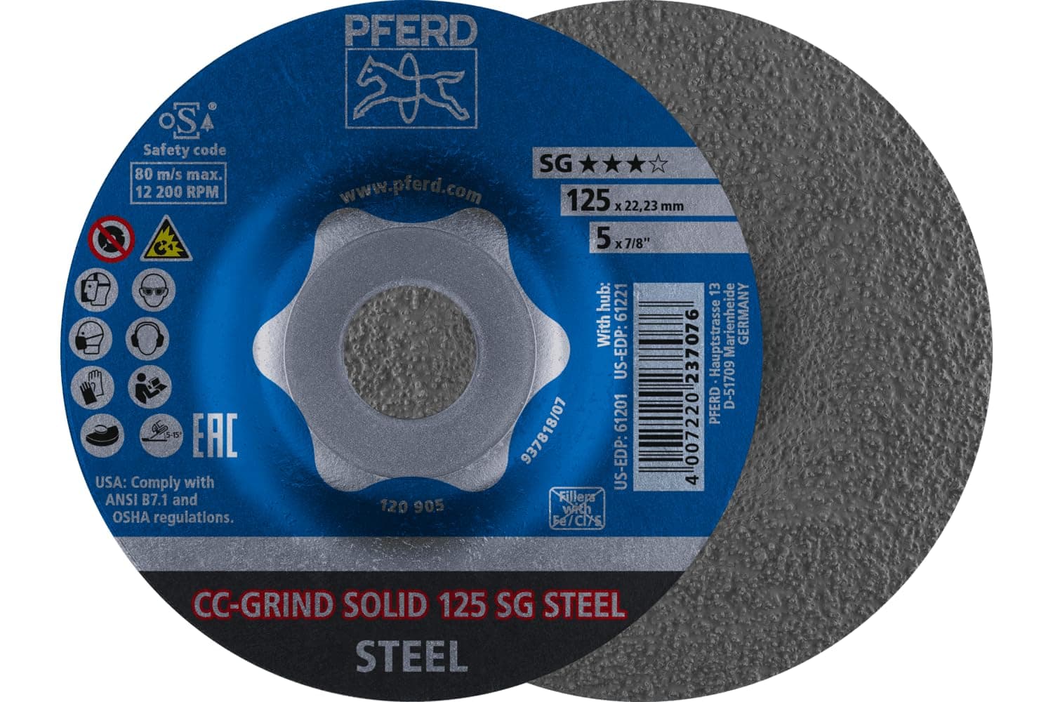 CC-Grind®-Solid Grinding Disc, 5" x 7/8" - SG Steel, Ceramic - High-Performance Grinding Disc for Precision Steel Work - Innovative Design Delivers Rapid Results - Part 61201