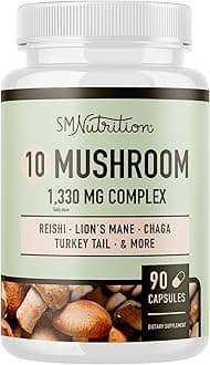 SMNutrition Elite 10 Mushroom Blend Supplement - 90 Capsules; 10 Mushroom Extract Immune Support: Lions Mane, Turkey Tail, Cordyceps, Reishi, Shiitake, Maitake, Chaga Mushroom Immunity Complex