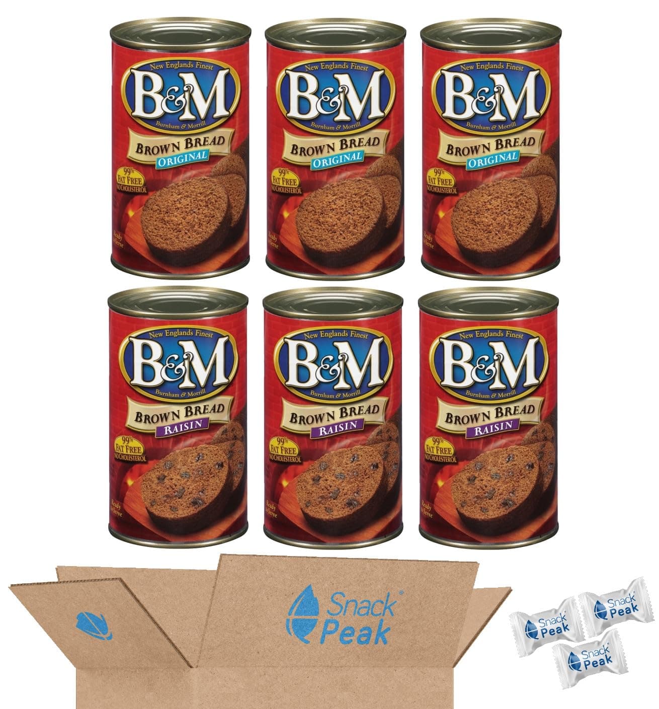 B&M Brown Bread Snack Peak Variety Gift Box (6-16 oz Cans) – Original and Raisin
